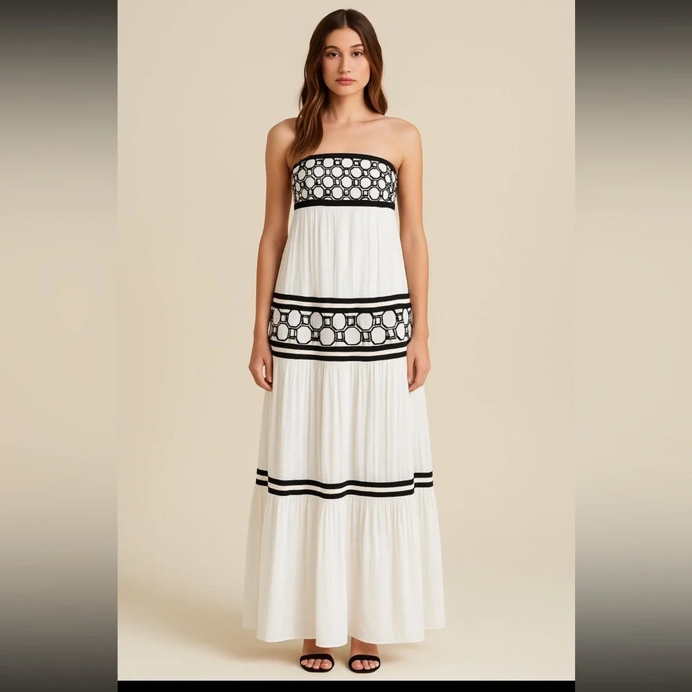 Tory Burch Christie Strapless Maxi Dress Size 4 White Black Silk Runway NWT